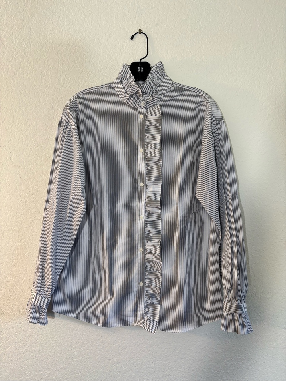 NWT Nordstrom Signature Blue Striped Ruffle Button-Down Blouse Long Sleeve Small - Picture 5 of 14
